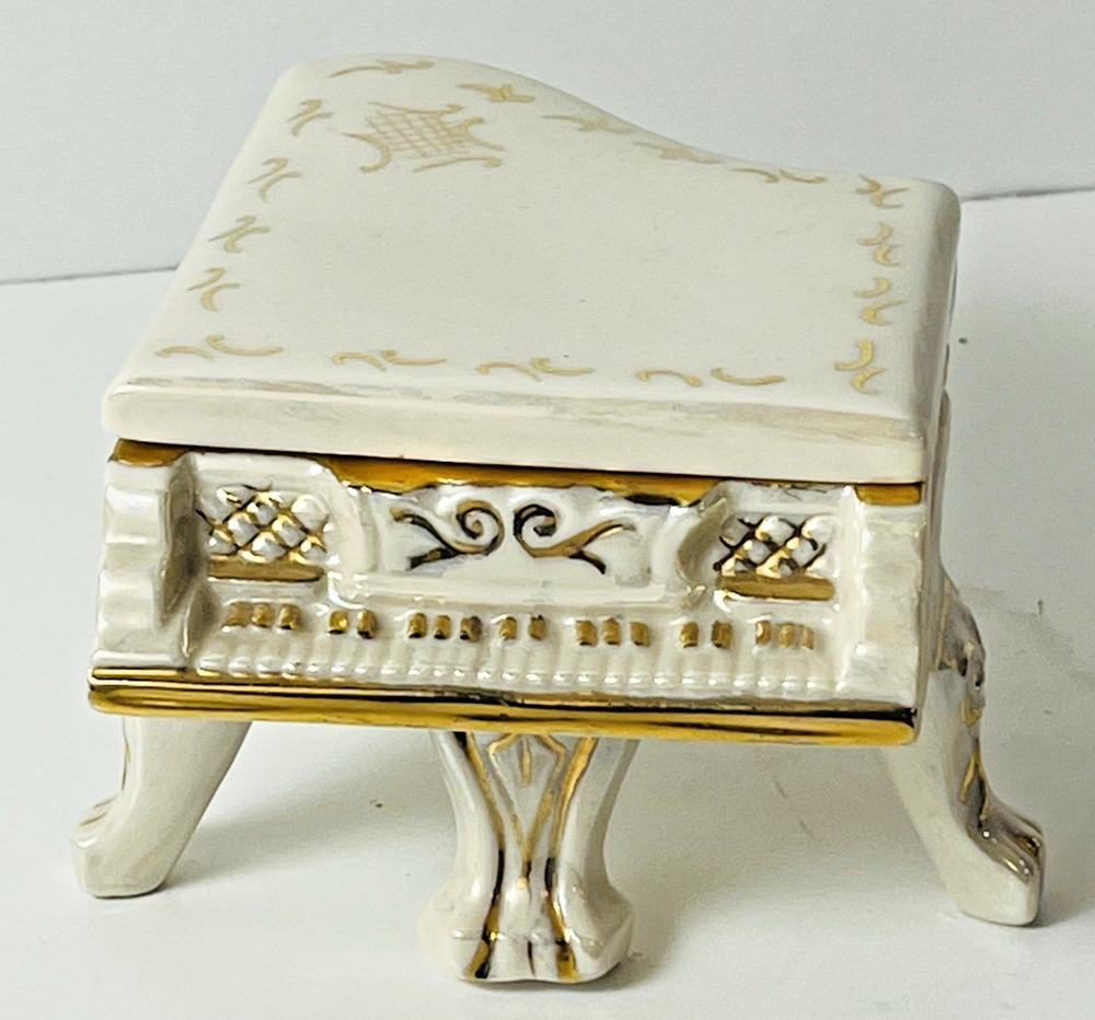 Vintage Porcelain Piano Trinket Box C.T. Sinock 1950 Gold Trim